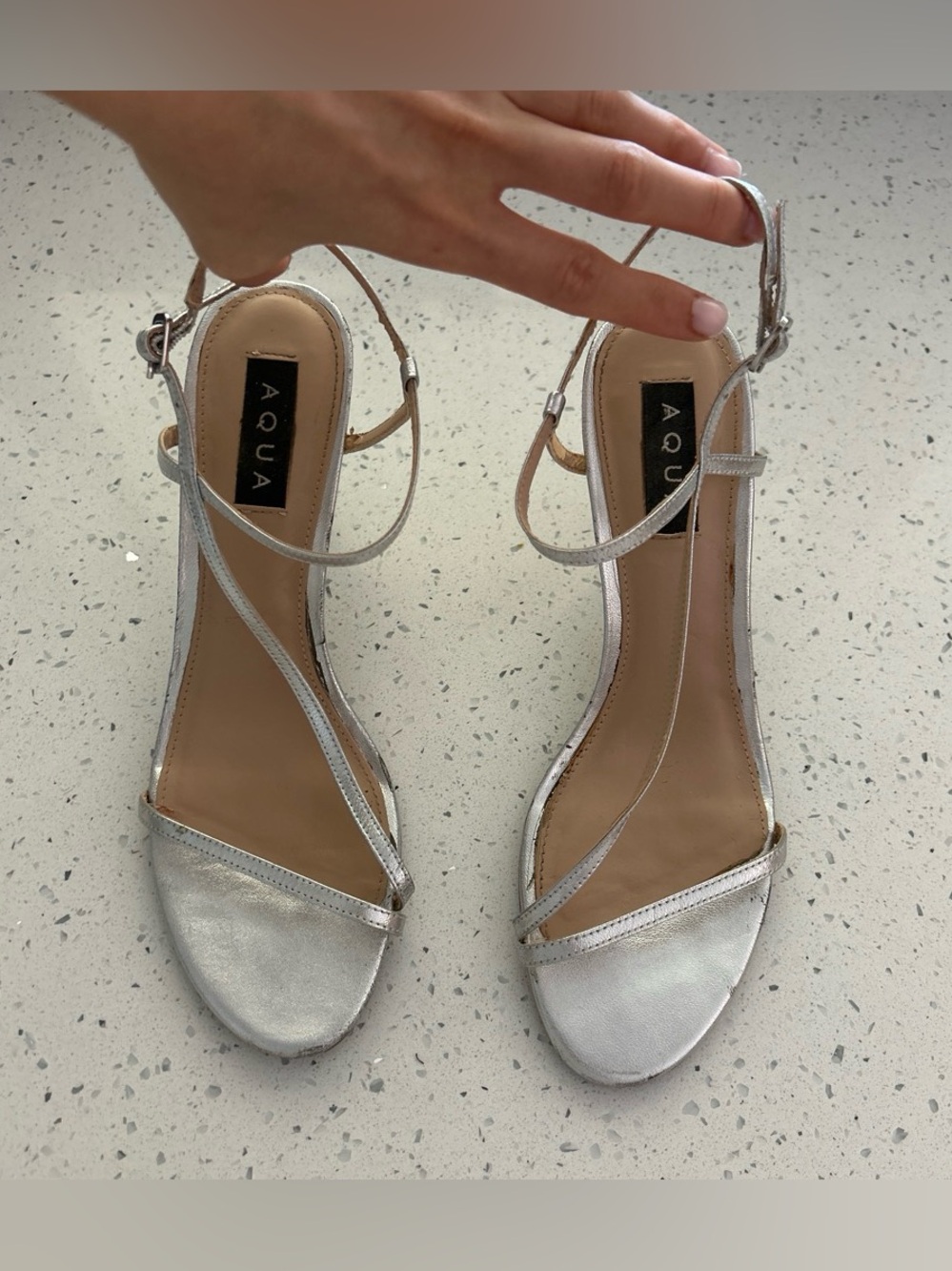 Aqua Metallic Silver Strappy Leather Heels
